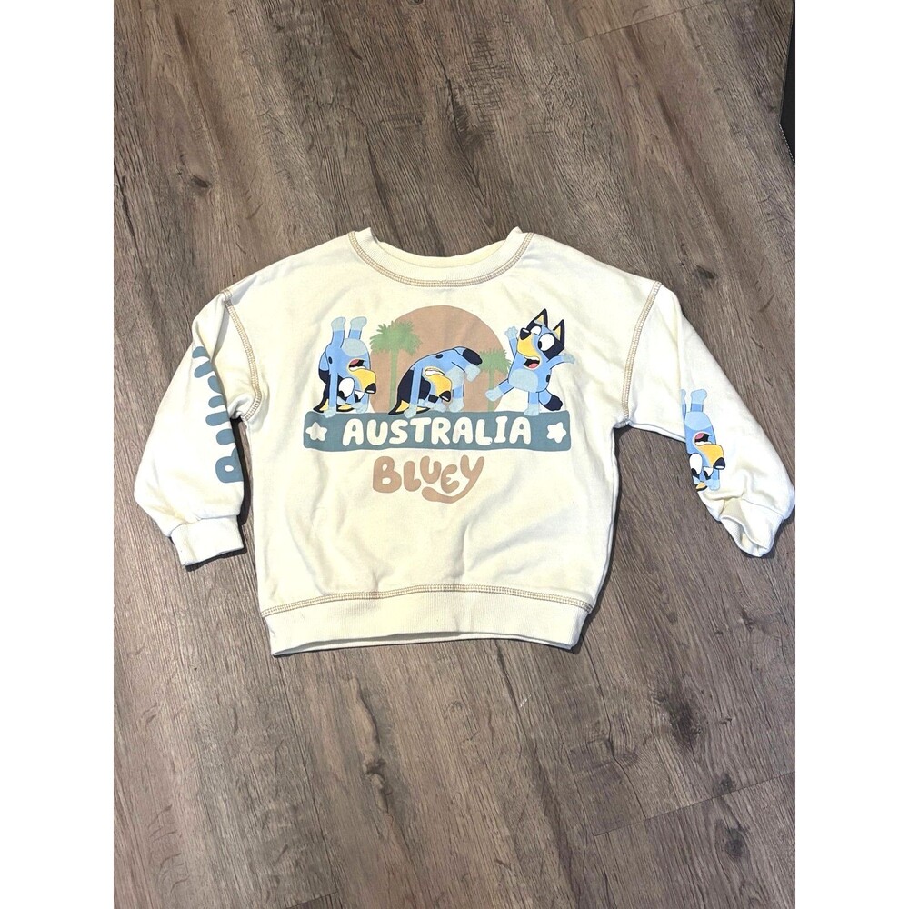 Bluey & Friends Toddler Boys Cream Sweatshirt 4T Blue Graphic Pullover EUC